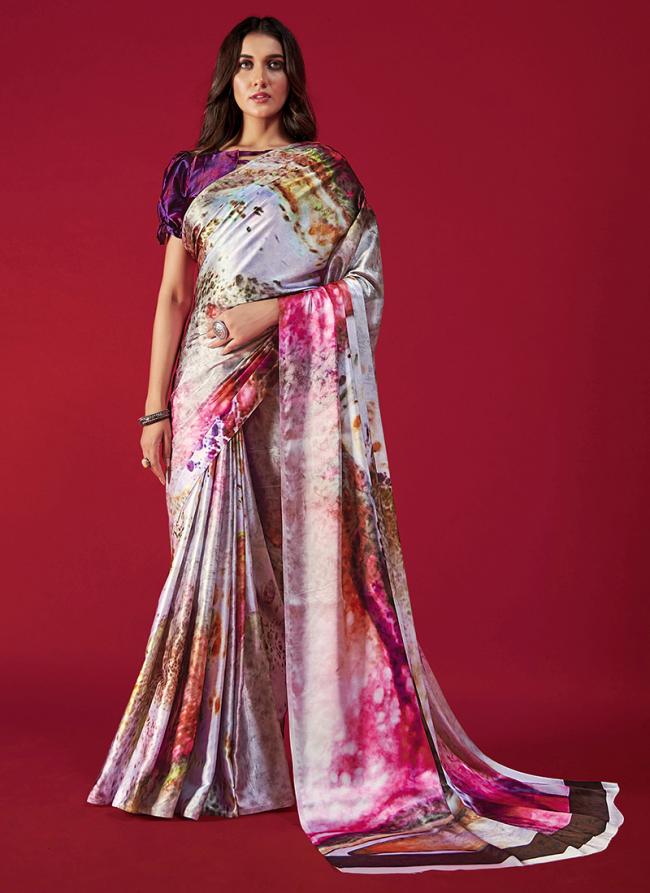 Crepe Satin Lilac Party Wear Digital Printed Saree
